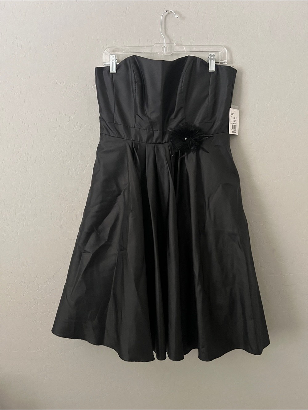 David's Bridal Black Strapless A-Line Dress with Waist Flower Accent